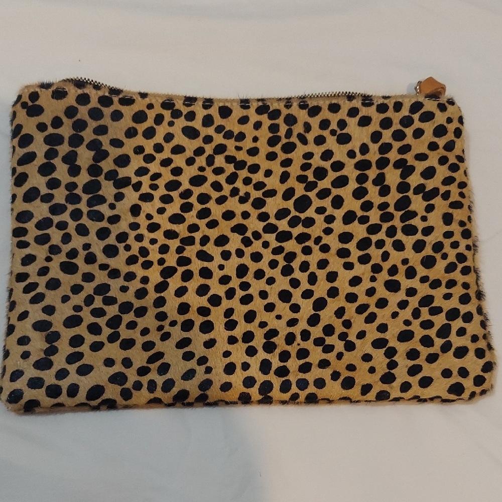 Ceri Hoover Black and Tan Animal Print Clutch with Zipper Closure
